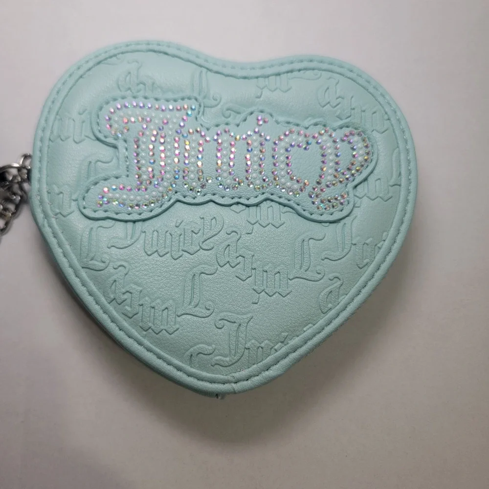 Juicy Couture Heart Zip Around Wristlet Silver Chain Pastel Turquois Rhinestones